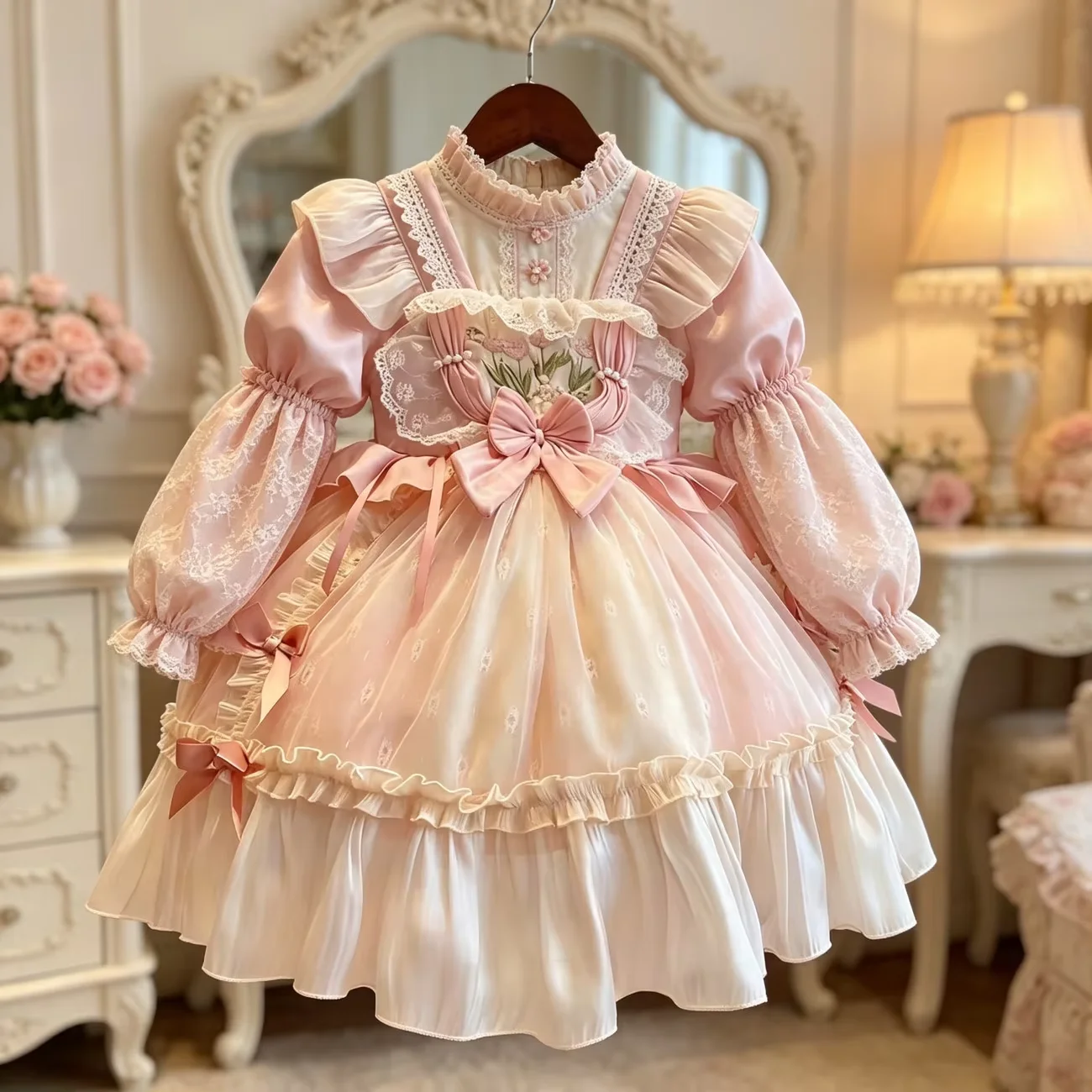 Autumn And Winter New Arrival Girl's Lolita Princess Dress Pink Floor-Length Tulle Skirt Ruffled Flared Dress Trendy One-Piece