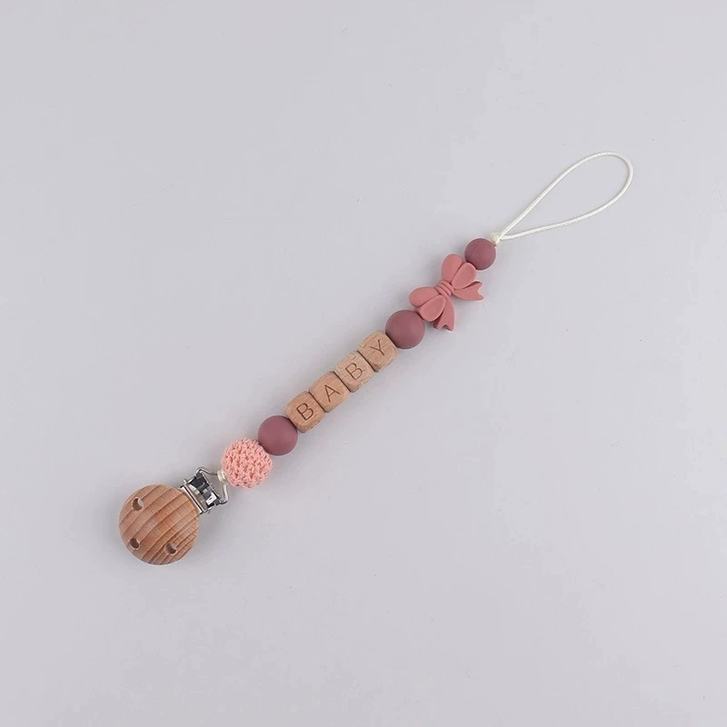 Anpassbare Namens-Baby-Schnullerkette aus lebensmittelechtem Silikon mit Schleife, Anti-Verlust-Clip und Beißspielzeug-Lanyard für Neugeborene