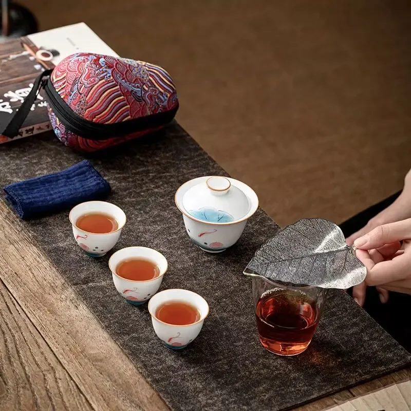 

Керамический дорожный чайный сервиз кунг-фу, пакетик для чайной посуды, 1 чайник, 3 чашки, фарфоровый стеклянный горшок с чашкой, бизнес-подарок Gaiwan