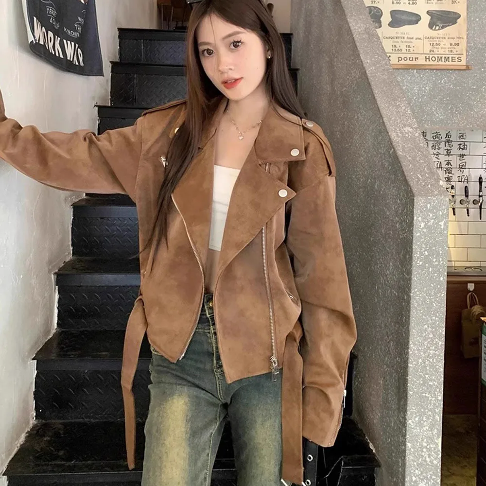 Korean Fashion Retro Suede Jacket For Women Polo Collar Design Sense Streetwear Coat Female Short Versatile Motorcycle Outerwear