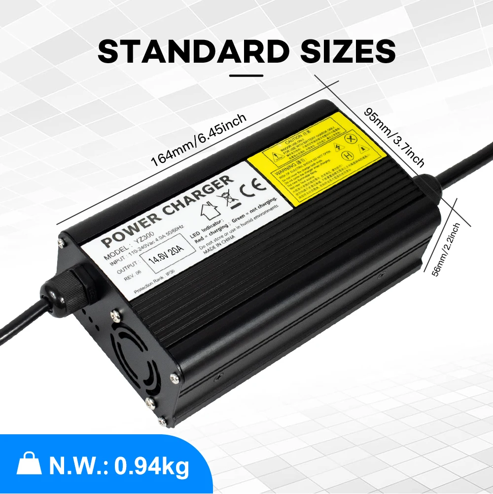 YZPOWER 14,6 V 20 A 4S Lifepo4-Ladegerät für 12 V Lifepo4-Lithium-Akku, Eingang 110–240 V DC-Ladegerät, schnelles Laden mit Lüfter – Detail 6