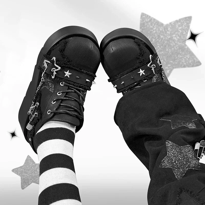 

Punk Metal Chain Chunky Platform Ankle Boots Women 2025 Winter Thick Bottom Denim Boots Woman Black Gothic Lolita Shoes