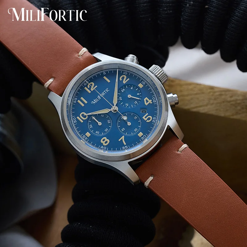 Milifortic M069 Solarbetriebene Militär-Chronographenuhr für Herren, leuchtend, 100 m wasserdicht, Lederarmband, Retro-Outdoor-Sport