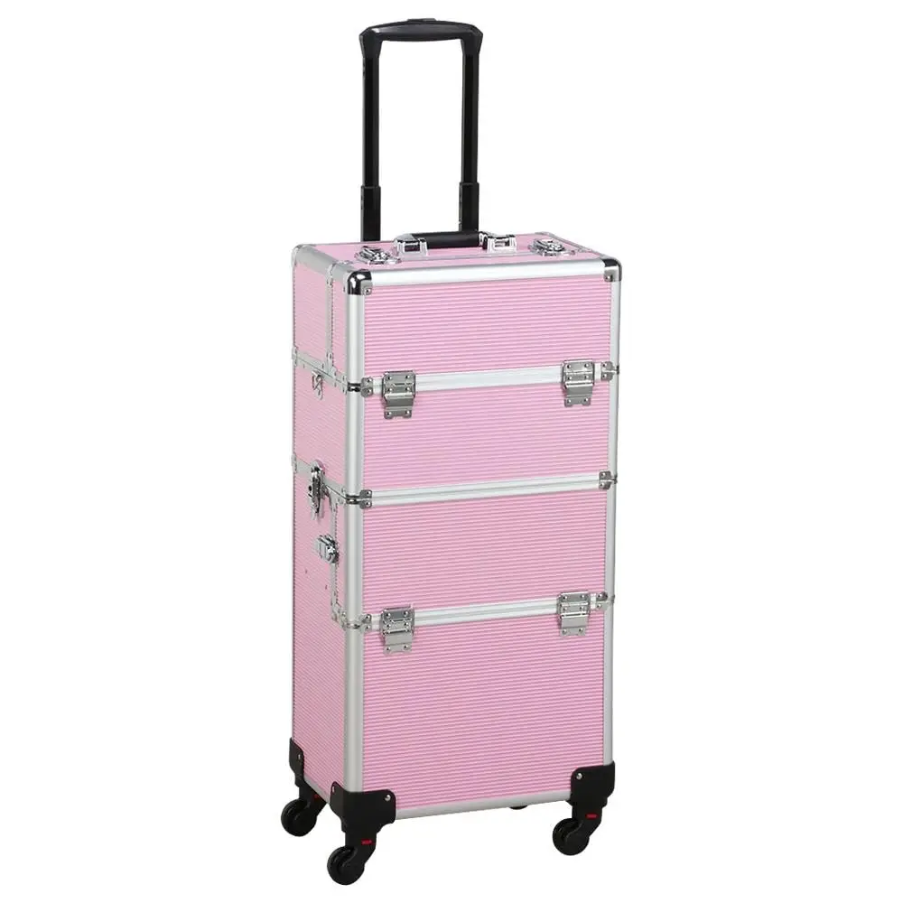 Rolling Makeup Train Case 3 in 1 Cosmetic Makeup Case Large Aluminum Trolley Makeup Travel Case Professional Rolling Cosmetic