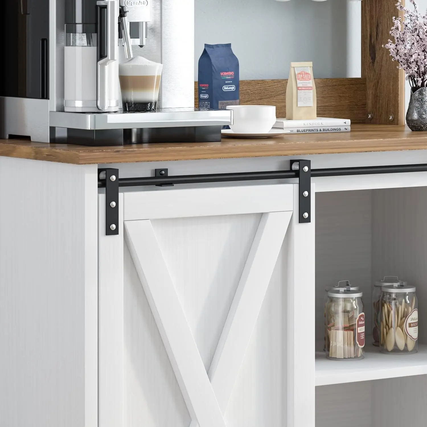 Coffee Bar Armário com Armazenamento, Farmhouse, Hutch Branco, 6 Ganchos