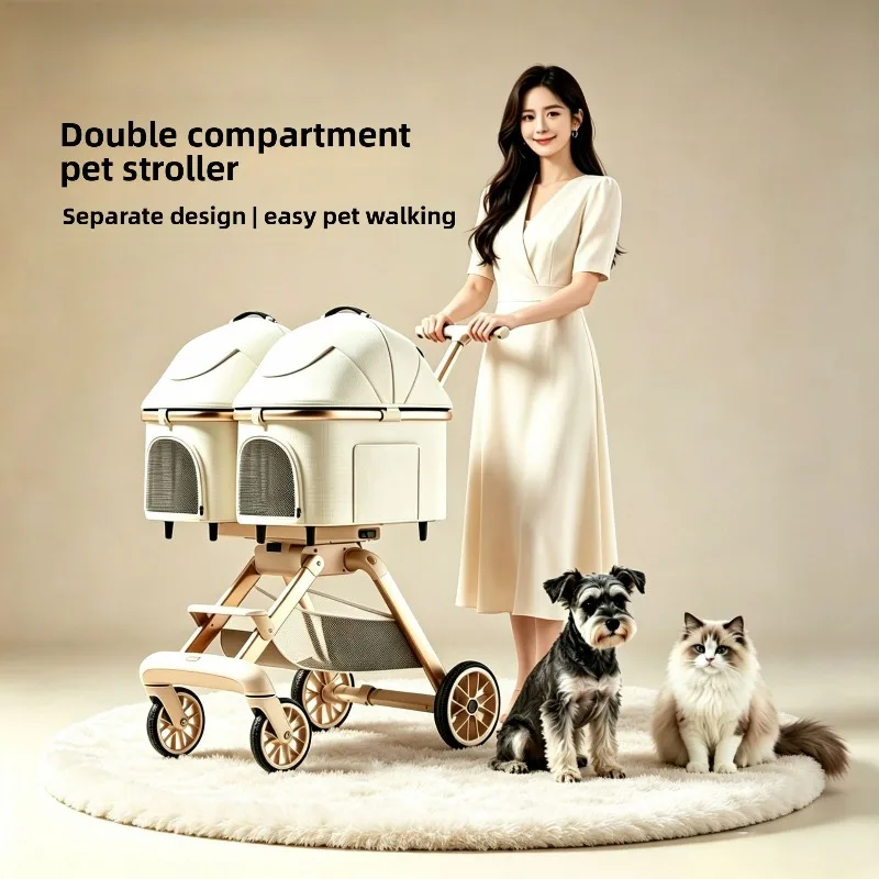 Twin Pet Stroller Double Cabin Foldable Lightweight Double Deck Cats Dogs Small Medium Pet Stroller Cat and Dog Travel Handcart