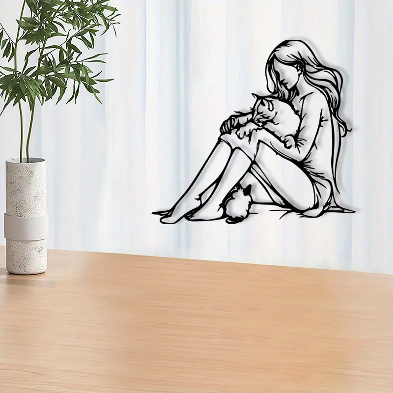 2D Flat - 2D Metal Featured Flat Design, 1pc Female Hugging Cat Metal Wall Art Statue