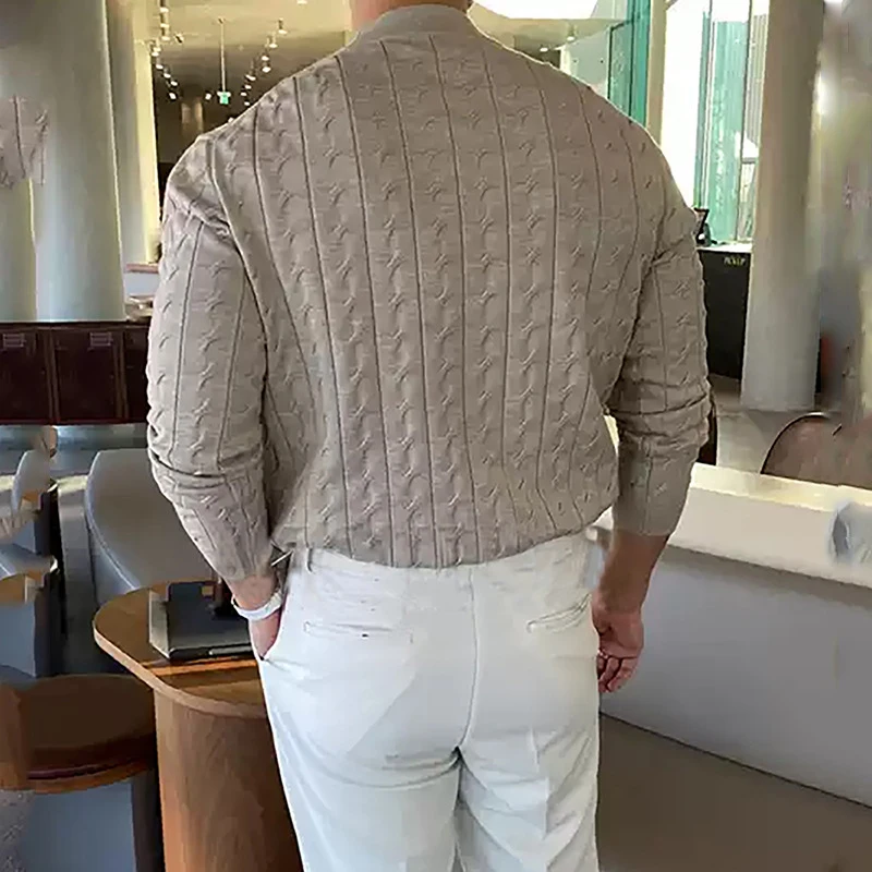 Classic Knitted Shirts Men Cardigan Spring Long Sleeve Slim Tops Vintage Buttoned V Neck Shirt Old Money Aesthetic Mens Clothing