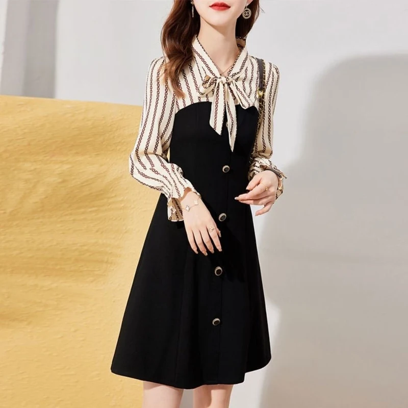 Spring Autumn New Striped Fashion Long Sleeve Midi Dress Women High Street Scarf Collar Bow Button Patchwork All-match Vestidos