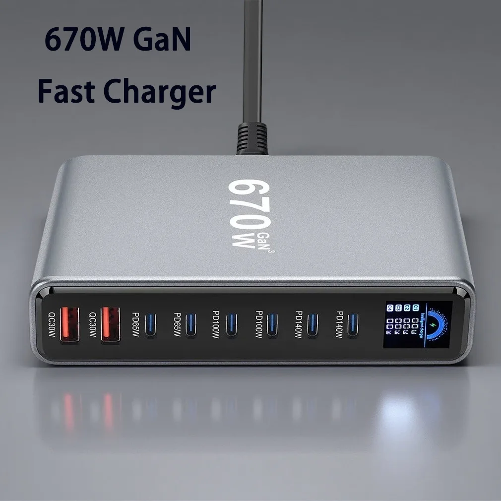 8-Port 670W Desktop GaN Fast Charger With TFT Digital Display 540W Type C Charging Station Hub for Phones & Tablet Dropshipping