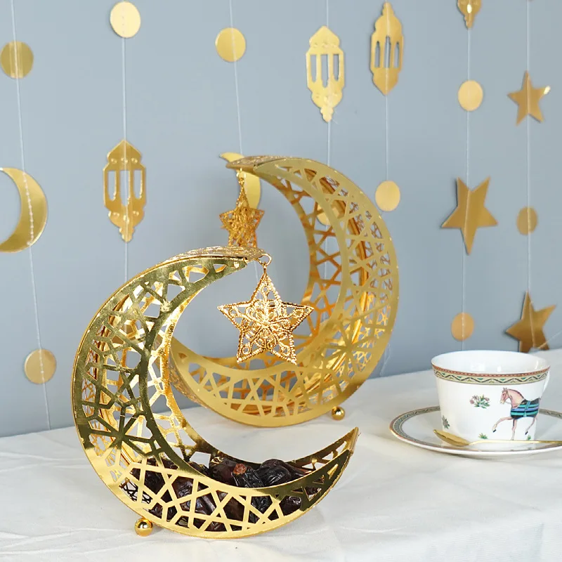 Golden Moon Star Candy Dessert Tray Islamic Festival Ornament Eid Mubarak Iron Plate 2024 Ramadan Home Party Decorations