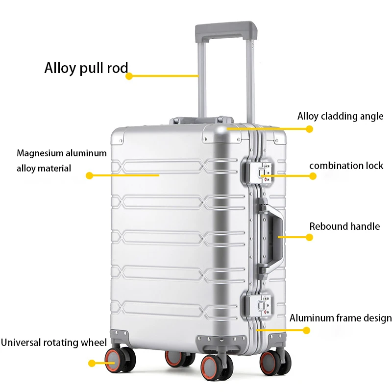 100% Aluminum-magnesium Alloy Travel Suitcase Rolling Luggage 20/24/28 Inch Trolley Luggage Carry-On Cabin Suitcase Dropshipping