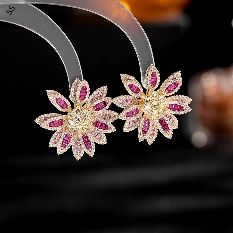 Stereo Double Floral Earrings for Women 925 Silver Needle Fashion Studded with Colorful Zirconium Sunflower Ear-pins