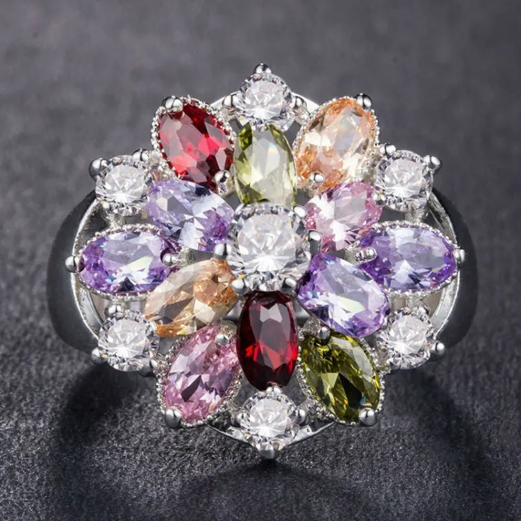 Europe and America Color Ring Zircon Ring Luxury Grand Lady Jewelry Flowers High Quality Shiny Jewelry Wholesale