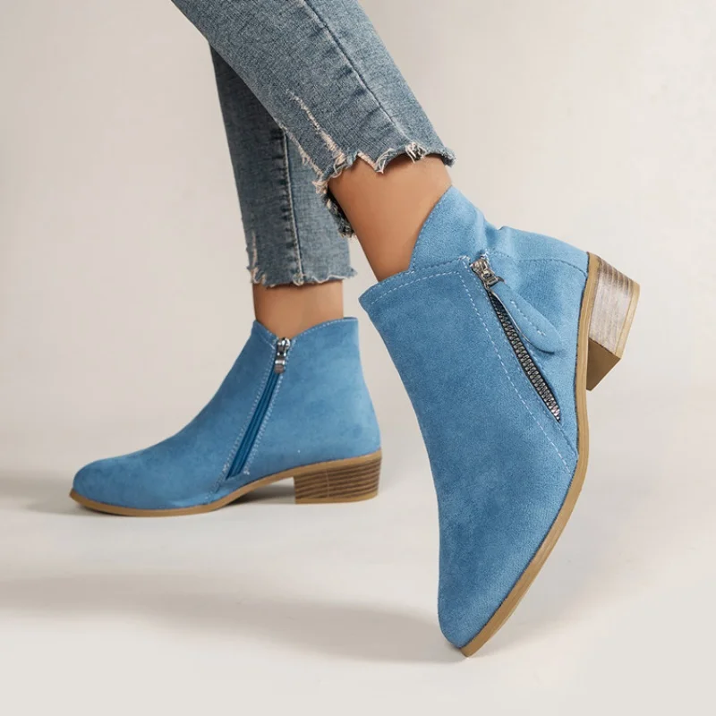 

Women's Ankle Boots Suede Ankle Booties Side Zipper Booties Low Heel Dress Boots Classic Chunky Heel Modern Short Slip On Shoes