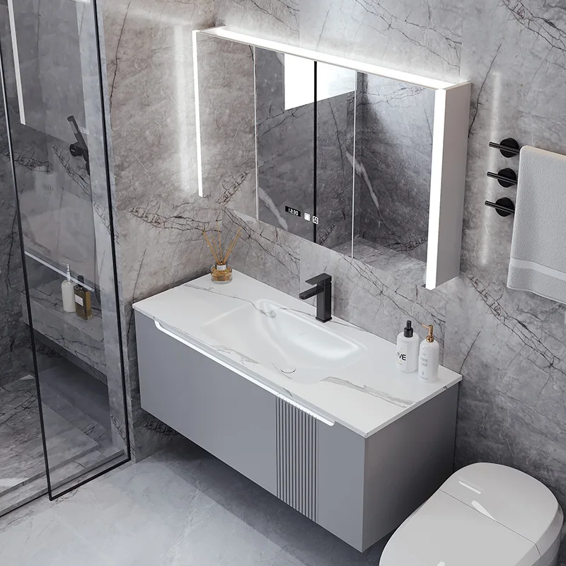Factory Direct 2026 Hot curved rock slab integrated basin  wash bathroom cabinet