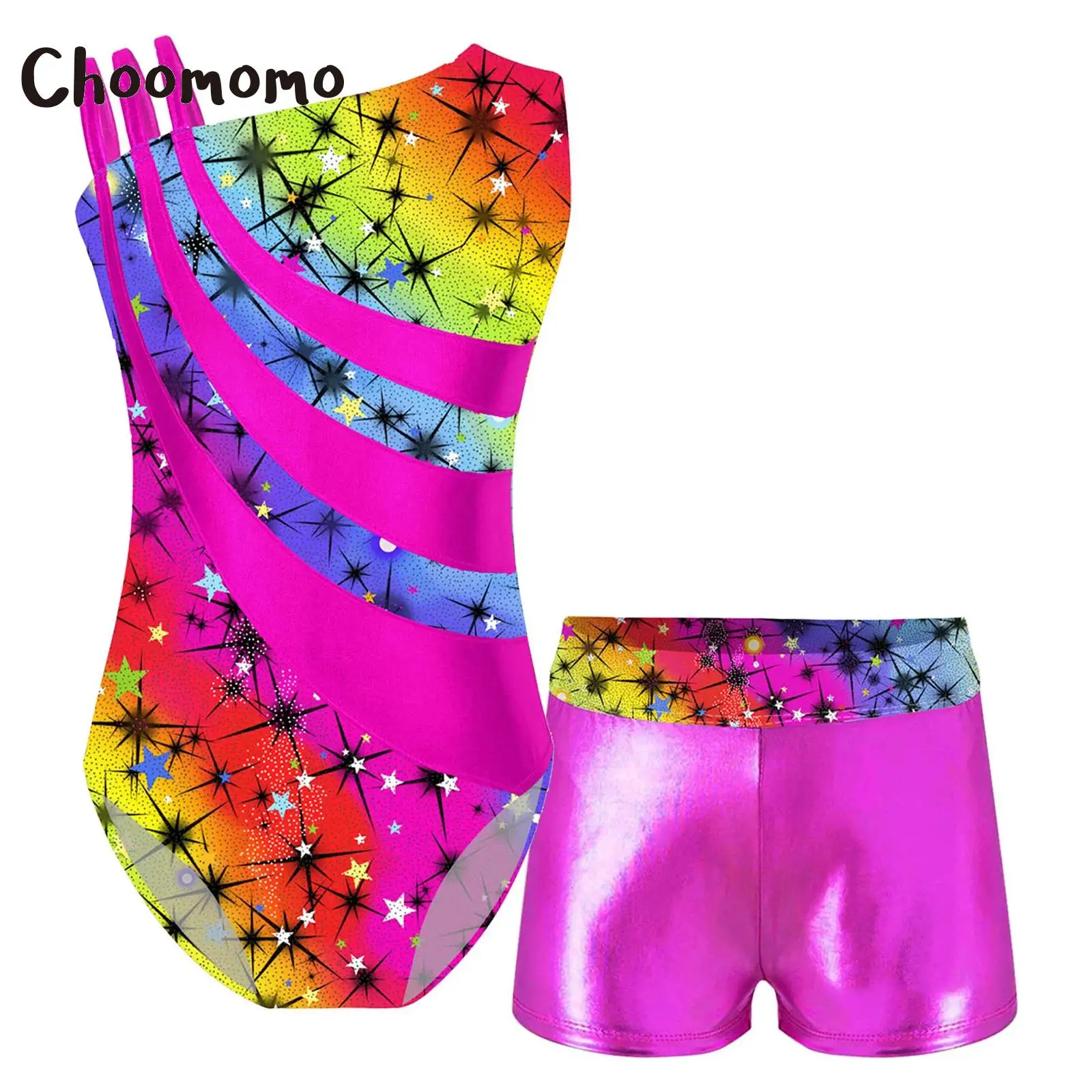 Kids Girls Gymnastics Leotards Sparkly Dance Tumbling Bodysuits Matching Shorts Outfit Athletic Unitards Biketards Activewear