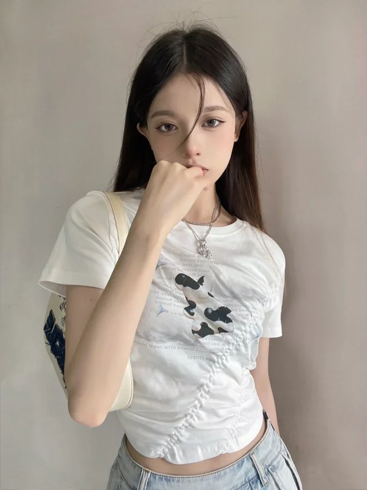 2024 Summer Cartoon Print T-shirts Casual O Neck Slim Pleated Cropped Top Women Short Sleeve Harajuku Y2k Aesthetic Fashion Tees