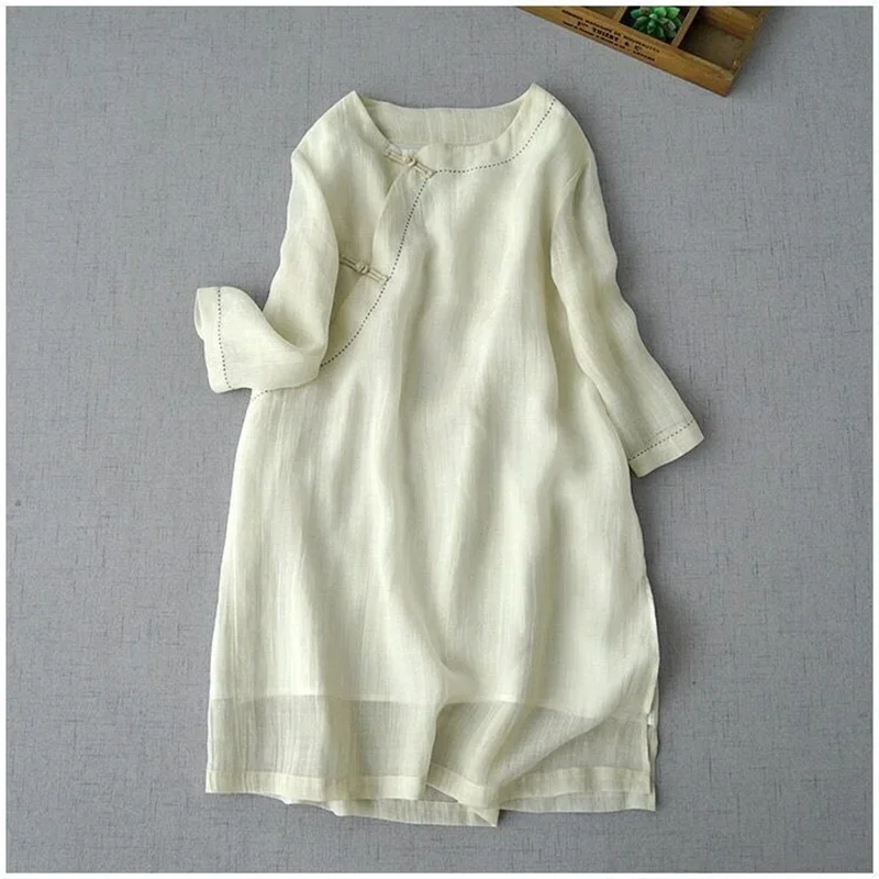 

Свободное повседневное платье в китайском стиле с разрезом по бокам, женское модное тонкое прямое винтажное литературное женское платье, мягкая одежда на пуговицах в виде лягушки