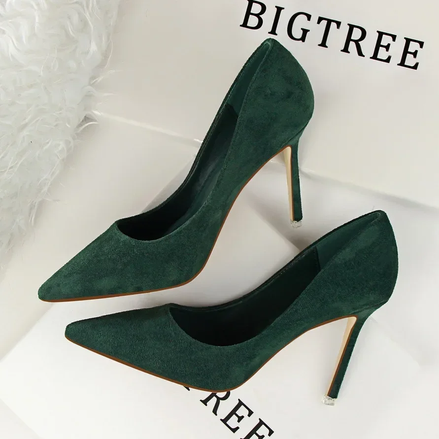 BIGTREE Women Pumps Shoes Spring High Heels Wedding Novelty Pointed Toe Flock 9CM Thin Heels Mature Office Career Women Shoes