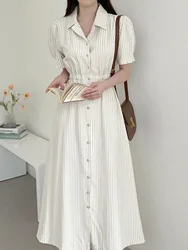 Sweet Button-Up Bubble Sleeve Shirt Dress Elastic Waist Short Sleeve Striped Turn-down Collar Casual Women's Fashion Spring A...