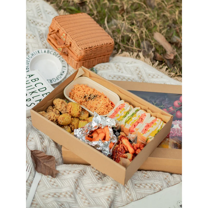 Customized. Internet Celebrity Picnic Box Disposable Lunch Box Travel Camping Outdoor Outing Bento Sushi Kraft Paper Packing Box