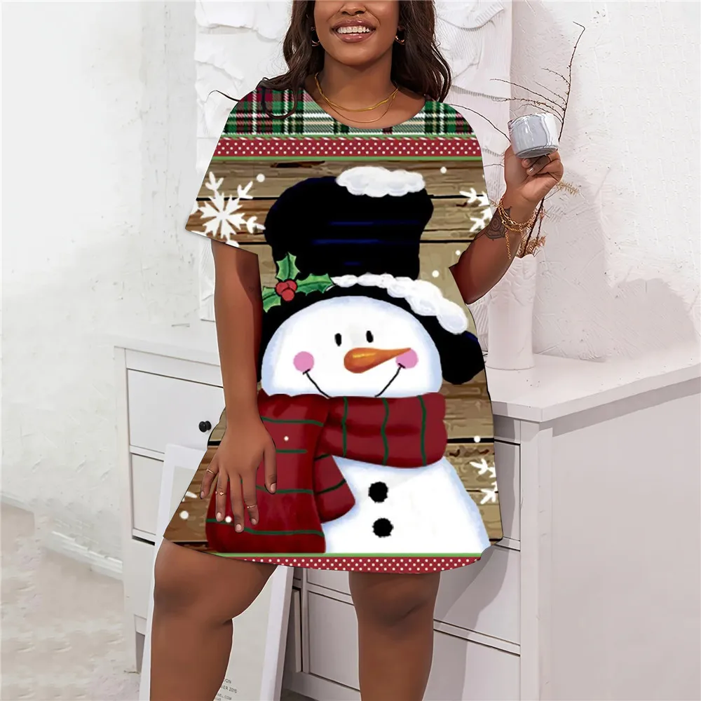 9XL Plus Size Dresses 2025 Christmas Snowman Pattern Women Dress Winter Casual Cute Short Sleeve Loose Party Mini Clothing 8XL