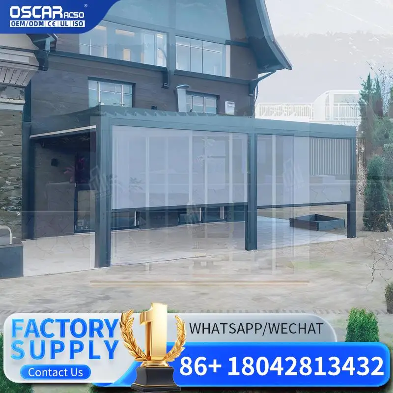 

Outdoor Aluminum Louvered with Automatic Weather Resistant Roof LED Fan Wind Sensor Heater Roller Blinds for Garden Patio Backy