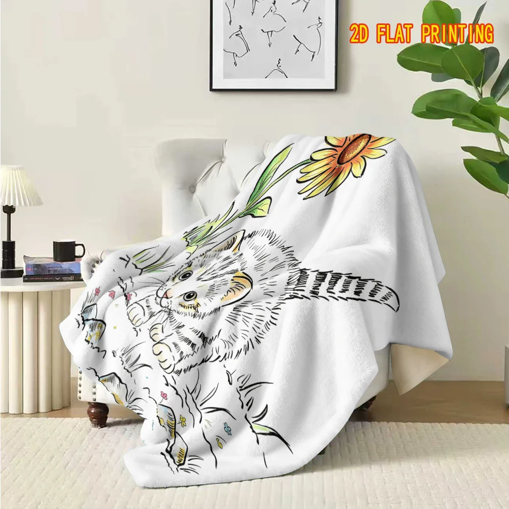 1pc Sunflower Countryside Tabby Cat Half-Coloring Flannel Blanket, Fresh and Soothing Atmospheric Soft Decorative Throw Blanket,