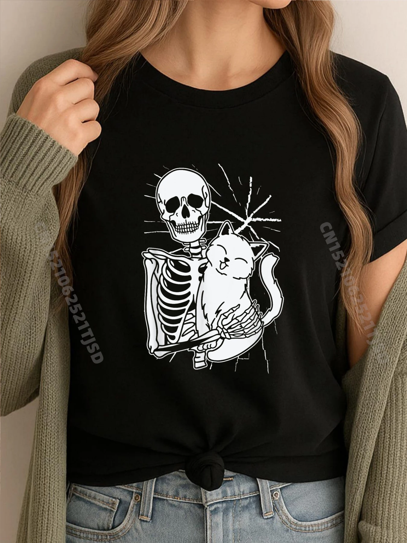 

Halloween Skeleton Line Art Cat Drawing Cat Owner Plain Shirt Cotton Comfort T-Shirts Casual