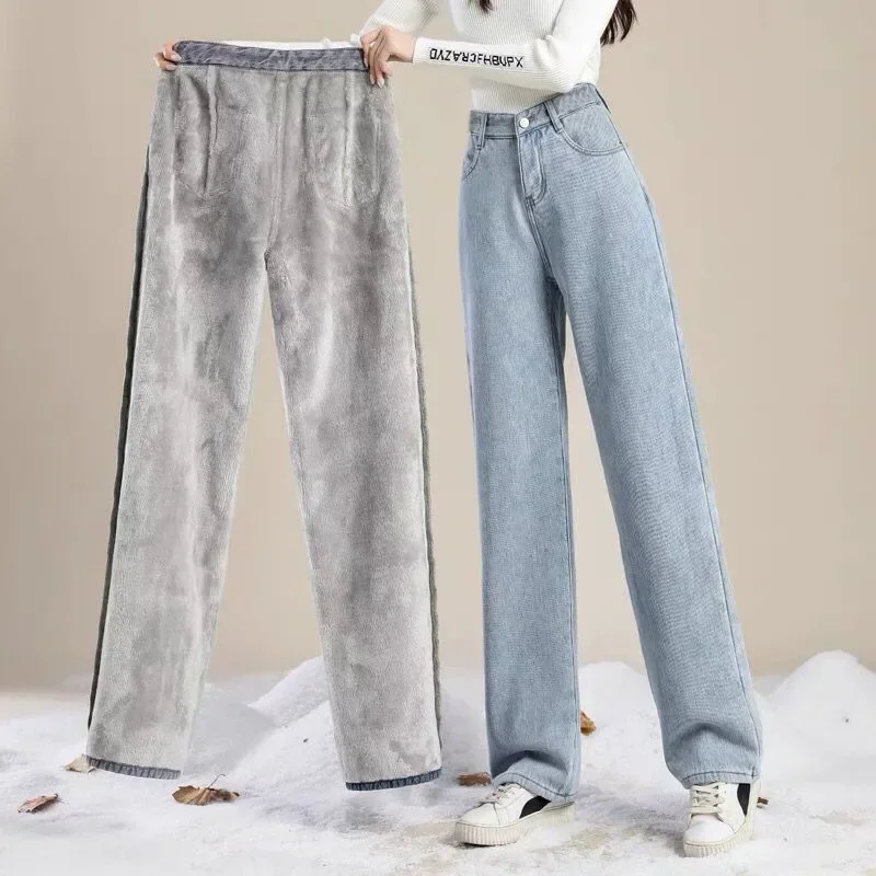 Verdickte, hoch taillierte, lässige Jeans mit weitem Bein, Damen-Jeans mit Fleece-Futter, warme Oberbekleidung, lockere Passform, gerade Bein-Denim-Hose für den Winter