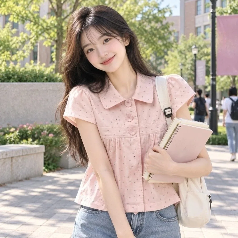 Vintage Slim Fit Polka Dot Blouse Y2K Turn-down Collar Women Shirt Tops Harajuku Short Puff Sleeve Shirt Student