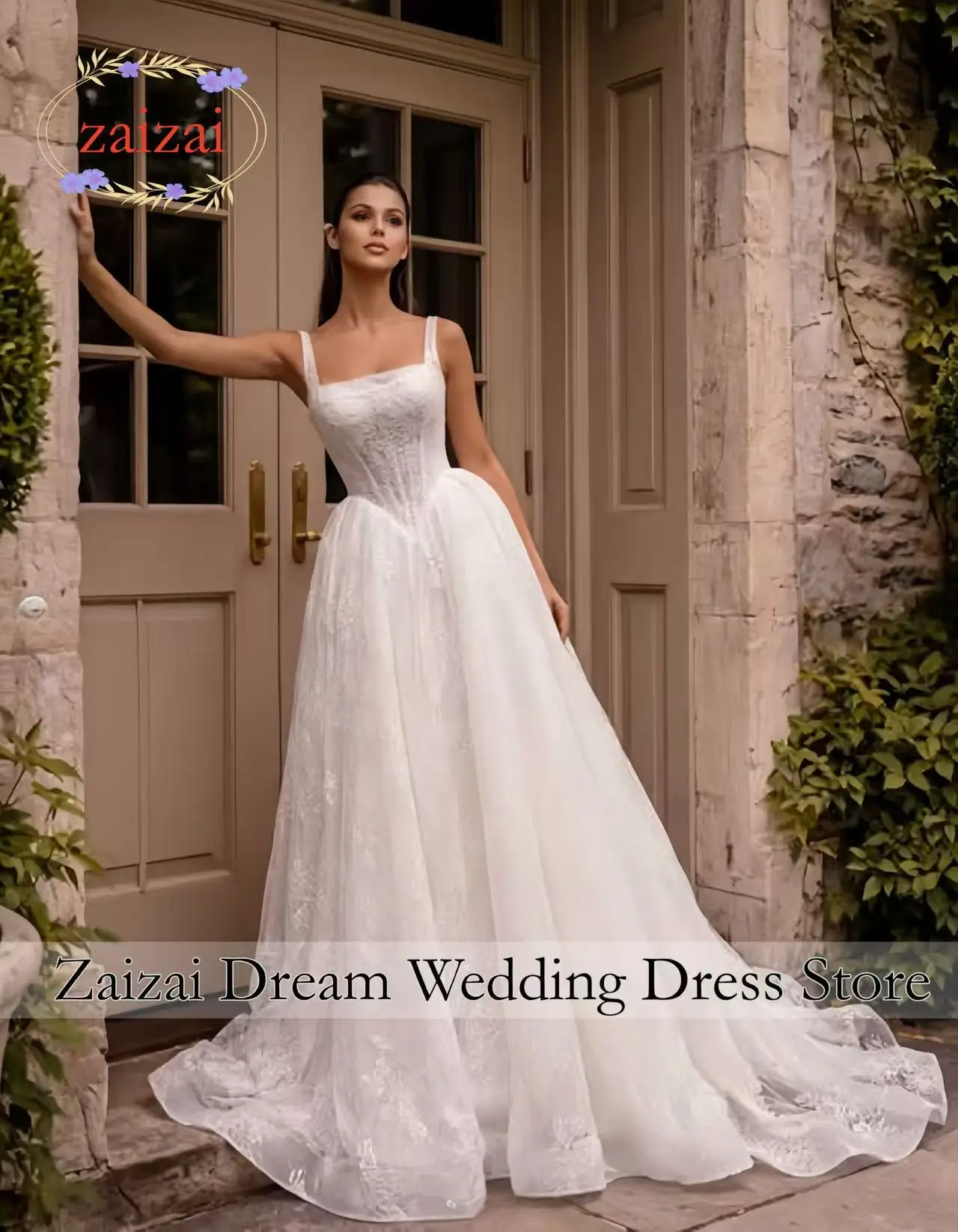 

Customized Square Collar Lace Straps Wedding Bridal Gown A-line Backless Court Luxury Wedding Dress Vestidos De Novia