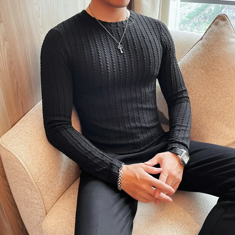 Men\'s Stripe T-Shirt Autumn Winter New Long Sleeve T Shirts For Men Clothing Round Collar Slim Fit Casual Tee Shirt Homme 4XL-M