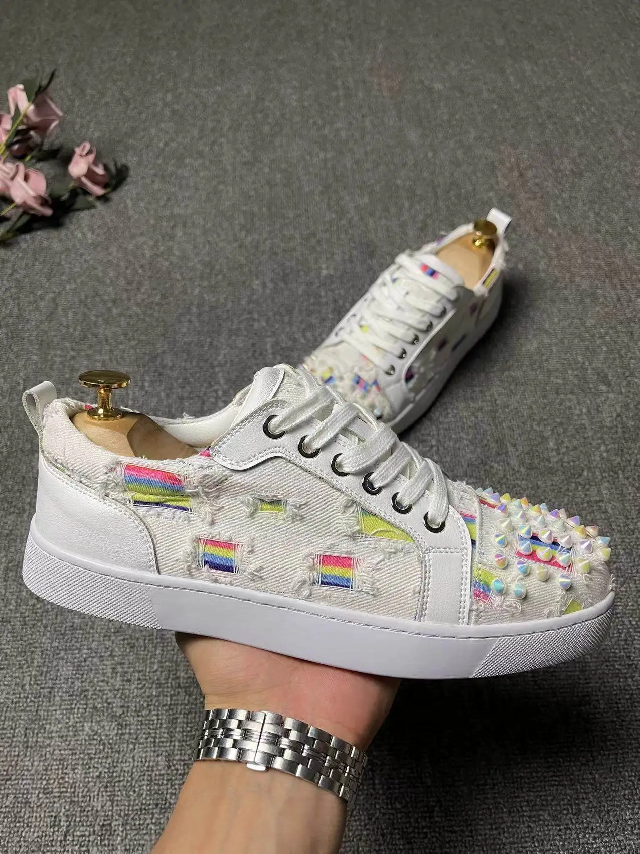 Rivet Round Head Men Shoes Fashion Patchwork Sneakers Cover Heel Casual Boys Canvas Fall Lace-up Male Flats