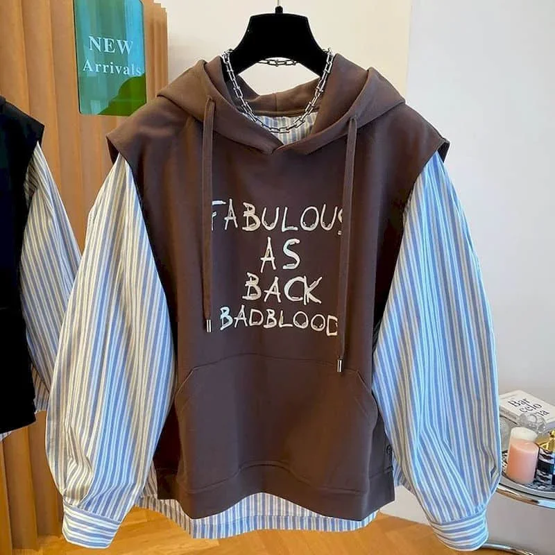 

Pop Hooded Pullovers Oversized Fake Two Pieces Striped Casual Korean Style Long Sleeve Streetwear Women Autumn Aesthetic Clothin