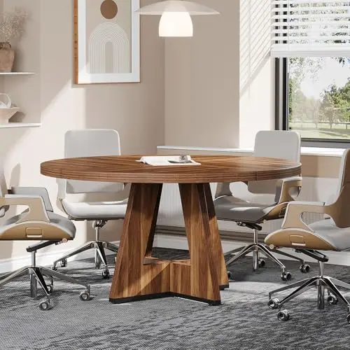 47-Inch Round Conference Table for 4-6 People, Wooden Meeting Room Table with Thicken Tabletop and Wood Base (Grey)