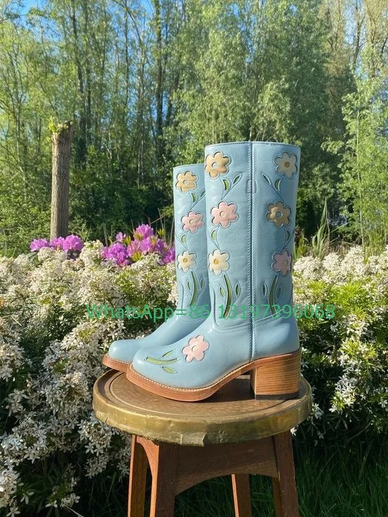 Ladycolorful flower design knee boots chunky heel printed design vintage boots causal new arrive cowboy boots punk size 35-46