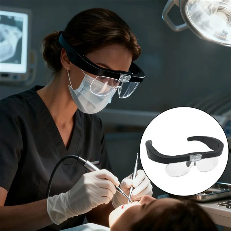 ABNM Head-Mounted Magnifying Glasses With 2 LED Lights USB Rechargeable, 1.5X-5.0X Zoom Magnifier For Reading & Watch Repair
