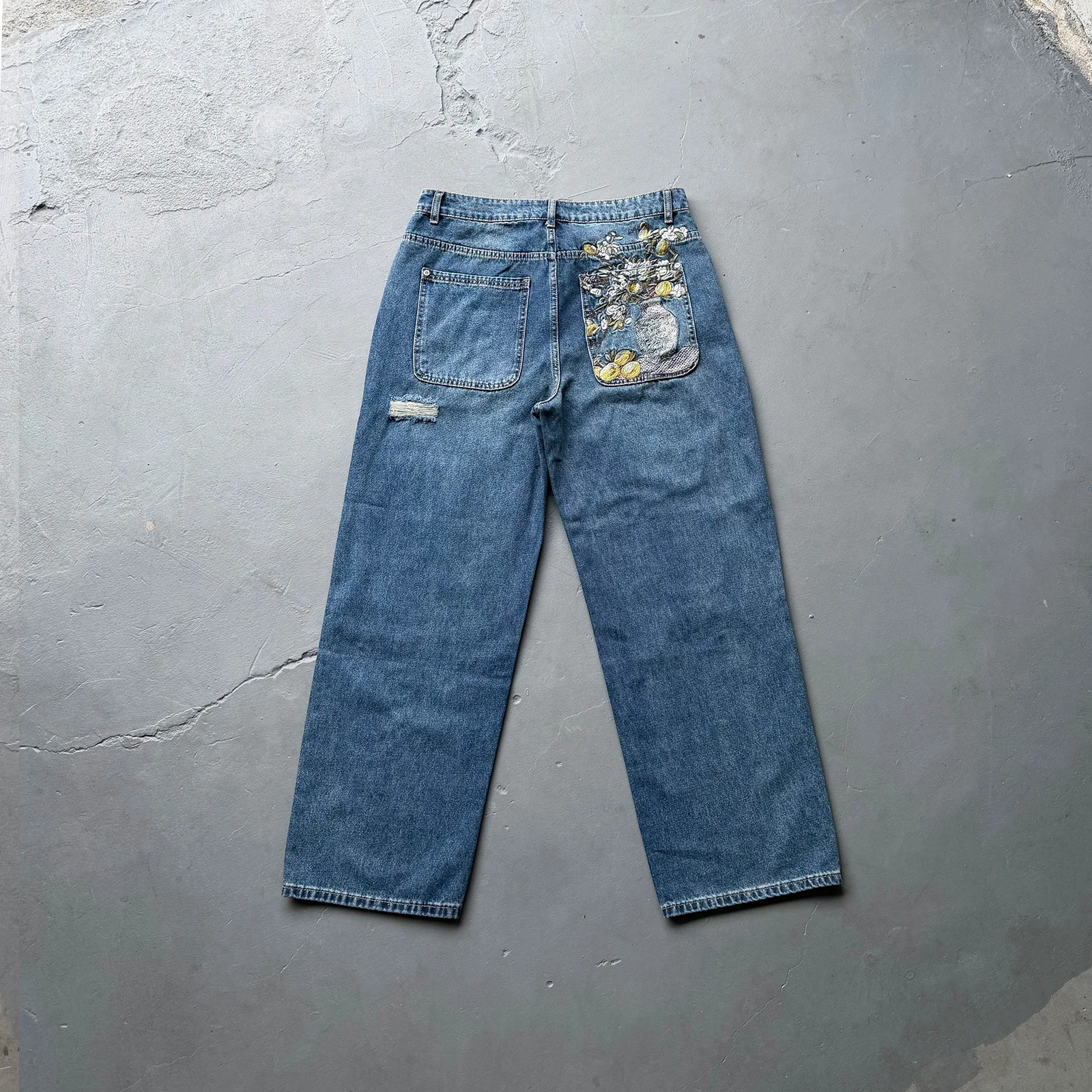 

Derschutze 2026 New Heavy-Duty Embroidered Floral Vase Washed Distressed Pants Casual Vintage Straight-Leg Trousers for Men