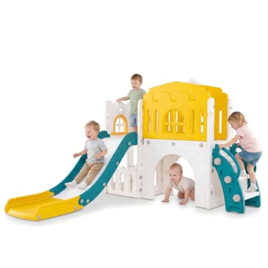 

Детская горка 8 в 1 для дома и улицы с лазалкой, баскетбольным кольцом, телескопическим туннелем, коридором, местом для хранения игрушек и рулевым колесом