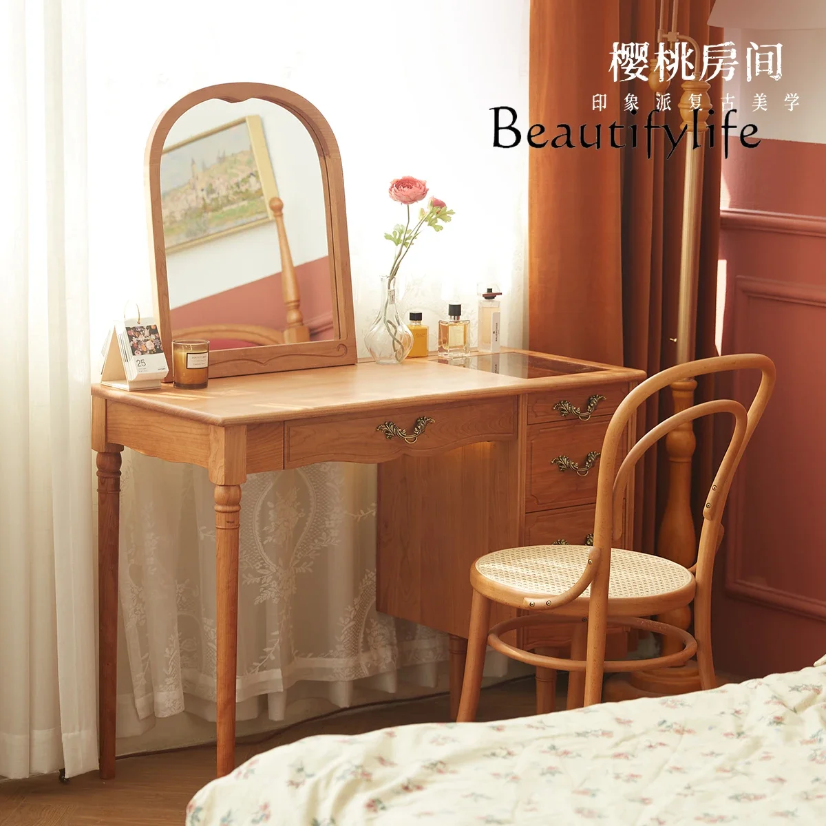 Tt Solid Wood Dresser Small Apartment Bedroom Retro French Storage Integrated Cabinet Nordic Japanese Makeup Table