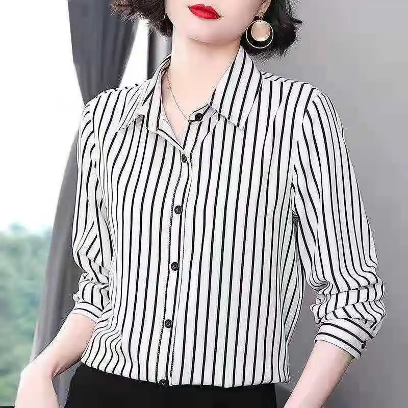 Women\'s Clothing Blouses Women Shirt Thin Striped Casual Women Single Breasted Straight Spring Summer Button Turn-down Collar