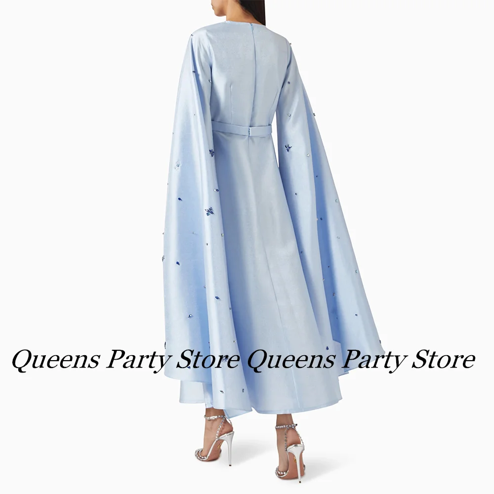 Pale Blue Evening Dress Long Sleeves Round Neck Delicate Stone A Line Ankle Length Saudi Arab Prom Gown Arabian Formal Dresses