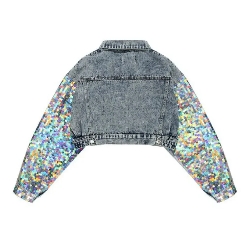 Chic Bomber Sequins Denim Jacket Cowboy Coat Lapel Lantern sleeved Mixed Color Sequined Dance Stage Cardigan High waist Tops