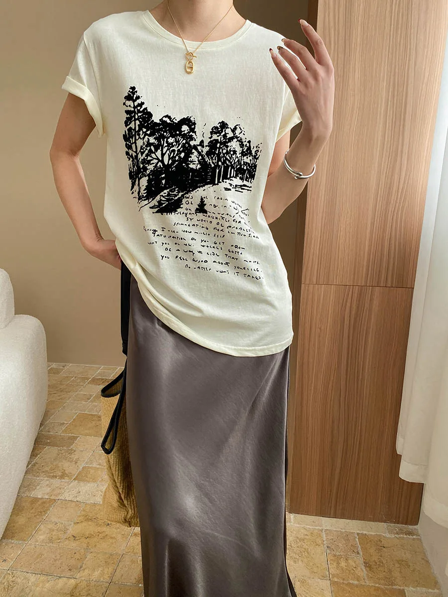 

Spring and summer women's casual printed round neck short sleeved loose T-shirt