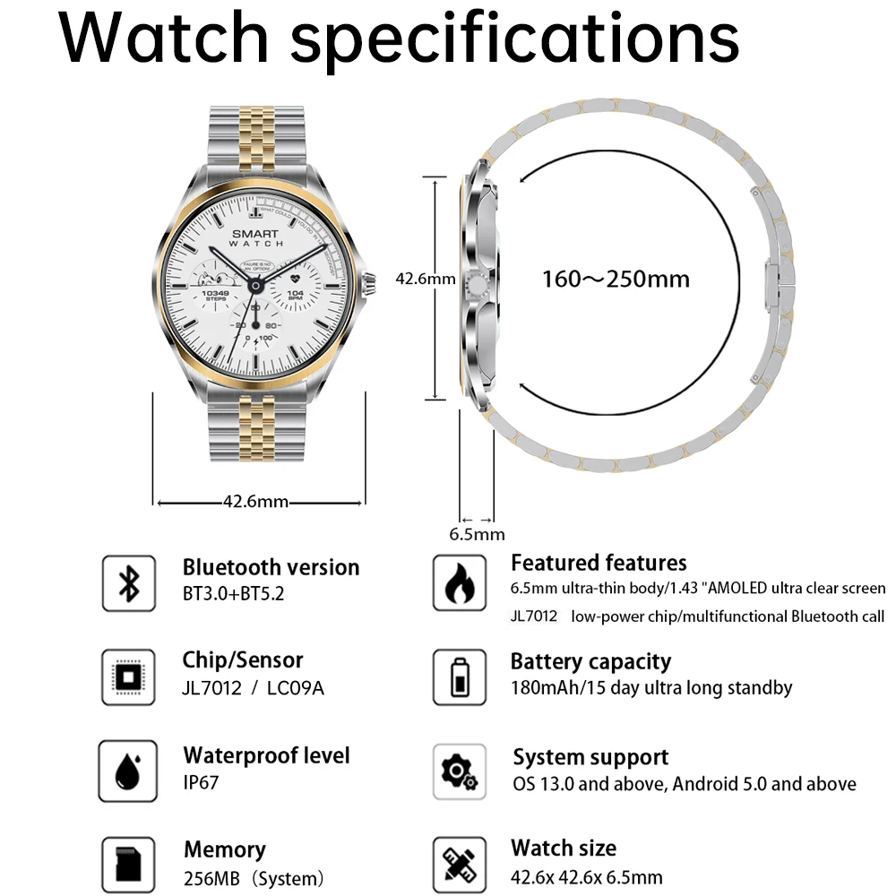 6.5mm Fuselage AMOLED Screen Smartwatch Men Waterproof  Women Blue Tooth Call Smart Watches Sports Rotary Encoder Health Monitor