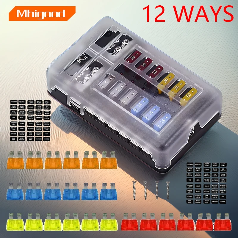 12 Way 12V Fuse Box Blade 12Volt Fuse Block With LED Indicator Damp-Proof Cover for Auto Car Truck Boat Marine