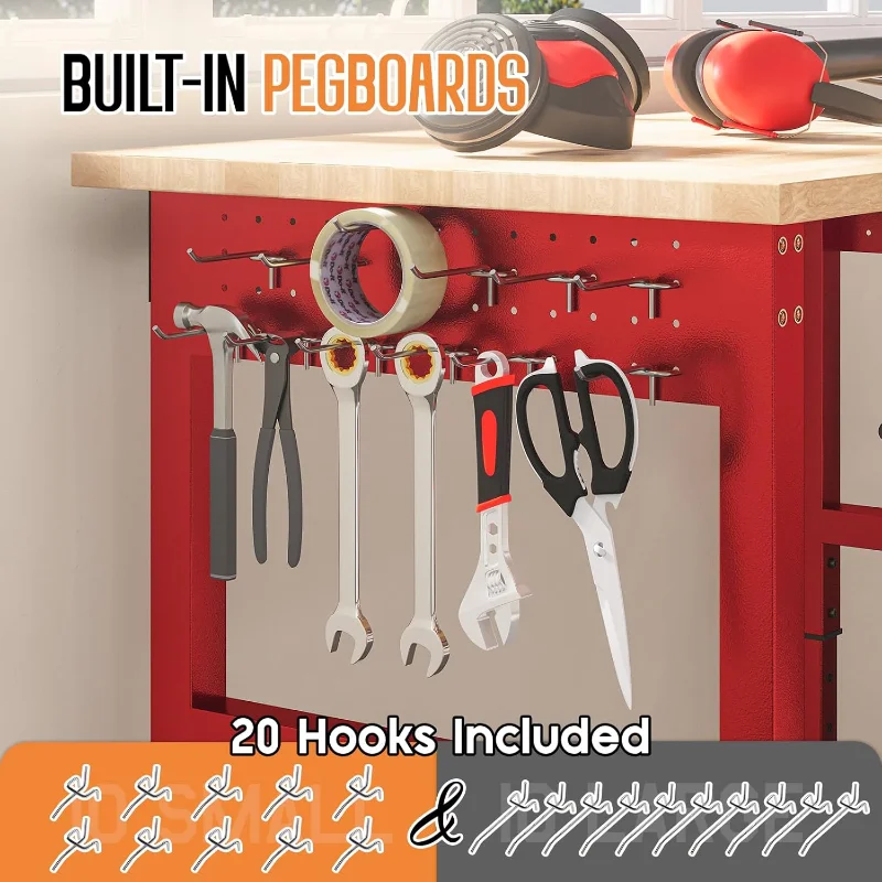 96" Red Adjustable Heavy Duty Workbench with 4 AC Outlet and 2 USB Ports Power Outlets, 5000 Lbs Capacity, Rubber Wood Top