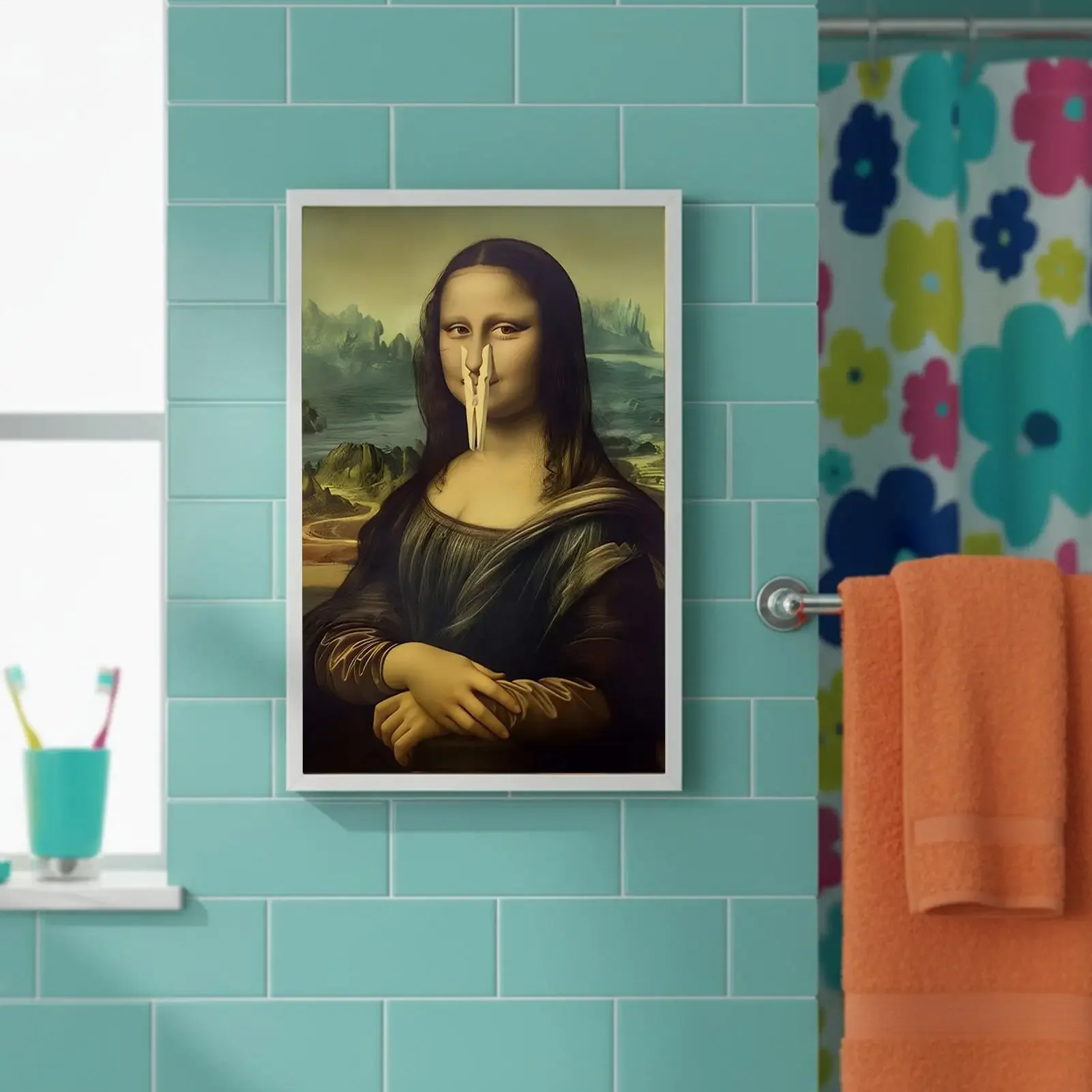Mona Lisa holding her nose bathroom wall art poster Bathroom Artwork Painting Pictures funny toilet Wall decorations